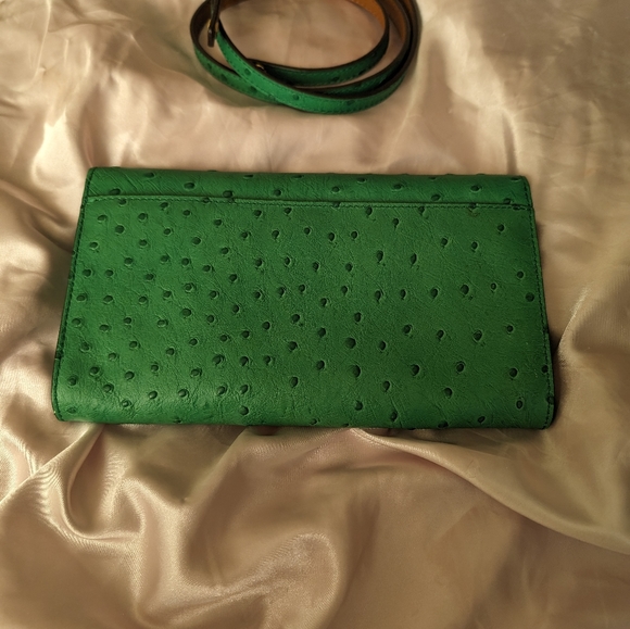 Michael Kors Green Ostrich Leather Clutch with Crossbody Strap and Lock/Key NWT - Picture 2 of 7